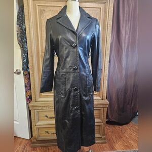 BCBGMaxAzria Maxi Long Black Leather Button-Front Belted Coat